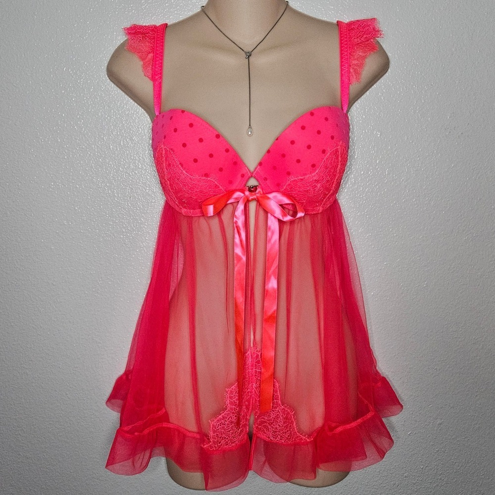 Victoria's Secret Neon Pink Polka Dot Lace Babydoll Lingerie